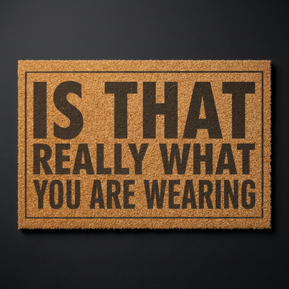 Is That Really What You Are Wearing coir doormat with dark lettering on natural tan coir, shown at an angle on a dark studio backdrop