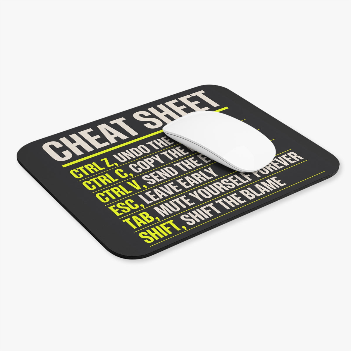 Keyboard shortcuts cheat sheet mouse pad at an angle with a white computer mouse