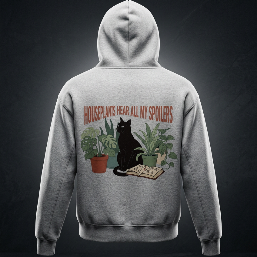 Kids’ fleece hoodie with a black cat beside houseplants and an open book, Houseplants Hear All My Spoilers back print