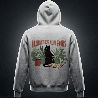 Kids’ fleece hoodie with a black cat beside houseplants and an open book, Houseplants Hear All My Spoilers back print