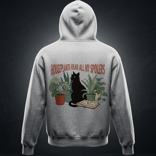 Kids’ fleece hoodie with a black cat beside houseplants and an open book, Houseplants Hear All My Spoilers back print