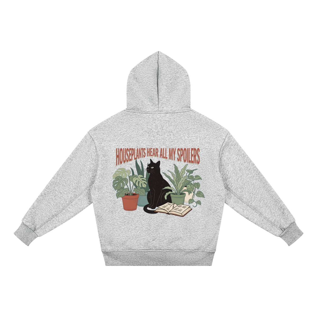 Kids’ fleece hoodie with a black cat beside houseplants and an open book, Houseplants Hear All My Spoilers back print