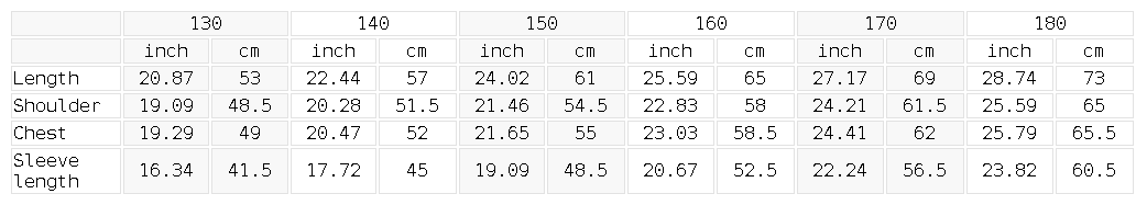 Size chart for the kids’ fleece hoodie
