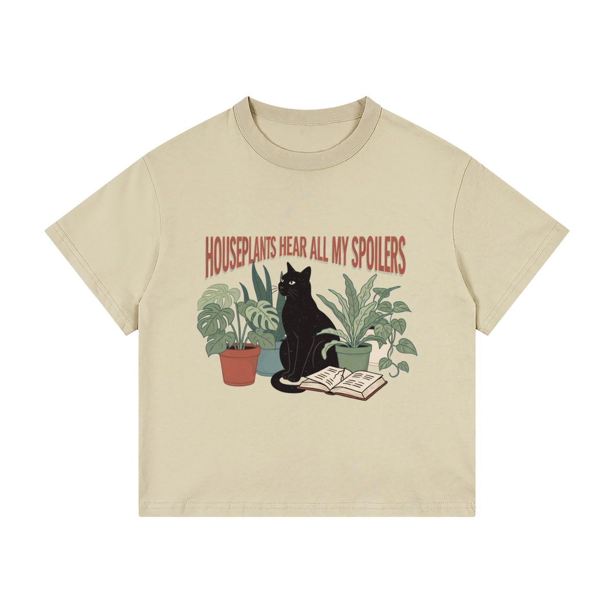Kids’ loose-fit drop-shoulder tee with a black cat beside houseplants and an open book, Houseplants Hear All My Spoilers front print