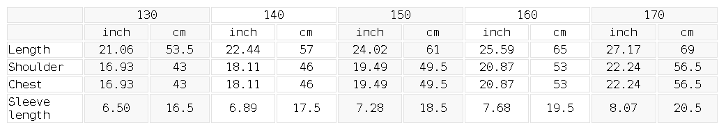 Size chart for the kids’ loose-fit drop-shoulder tee