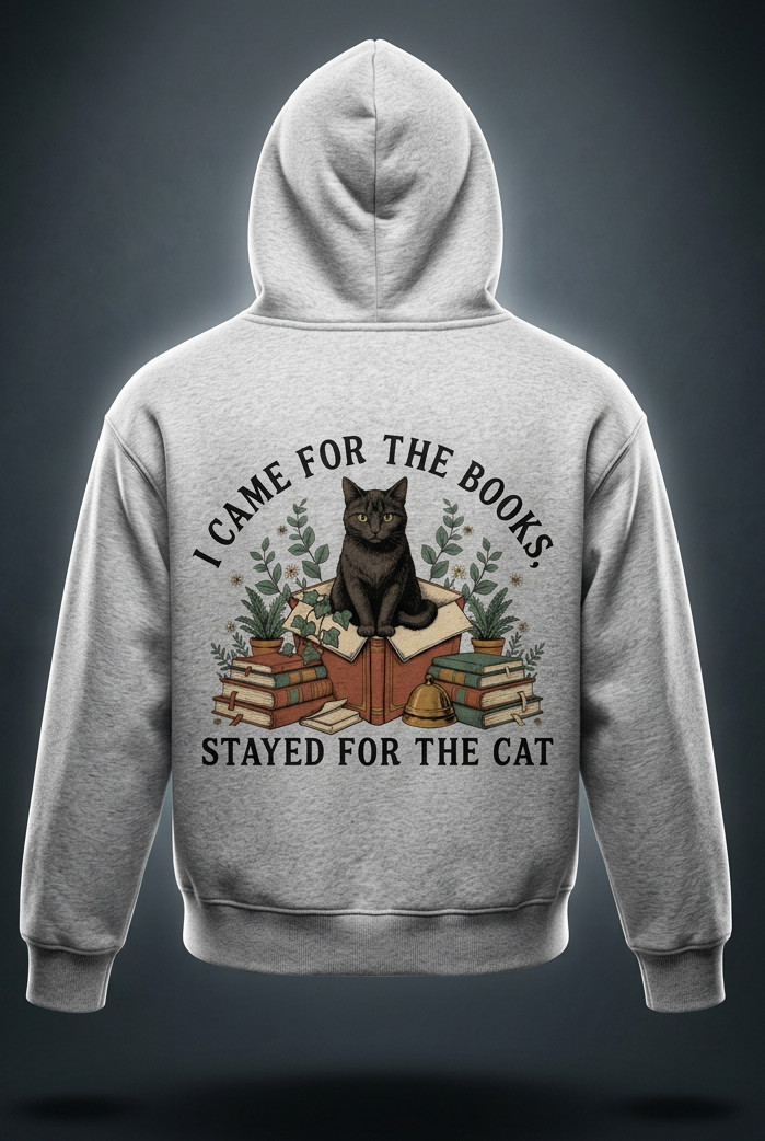 Kids’ fleece hoodie with a black cat on a stack of books and plants, I Came for the Books, Stayed for the Cat back print