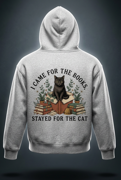 Kids’ fleece hoodie with a black cat on a stack of books and plants, I Came for the Books, Stayed for the Cat back print