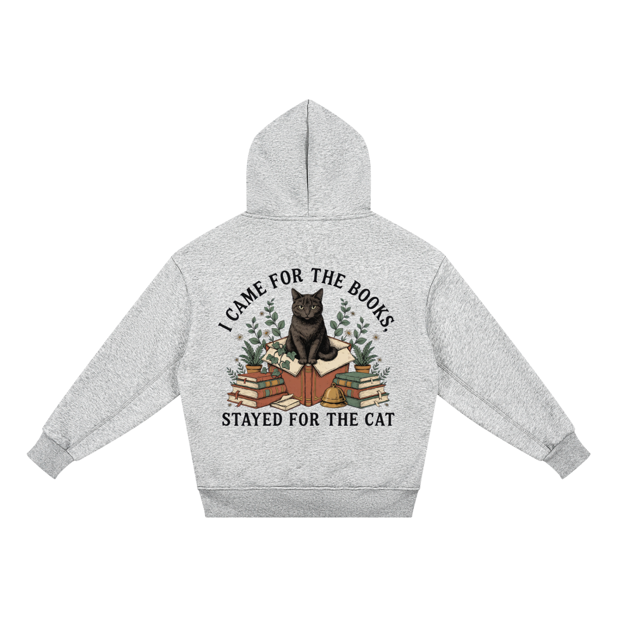 Kids’ fleece hoodie with a black cat on a stack of books and plants, I Came for the Books, Stayed for the Cat back print