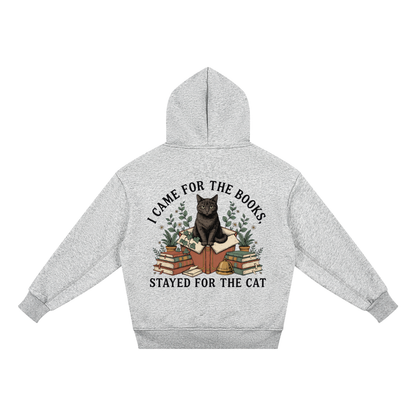 Kids’ fleece hoodie with a black cat on a stack of books and plants, I Came for the Books, Stayed for the Cat back print