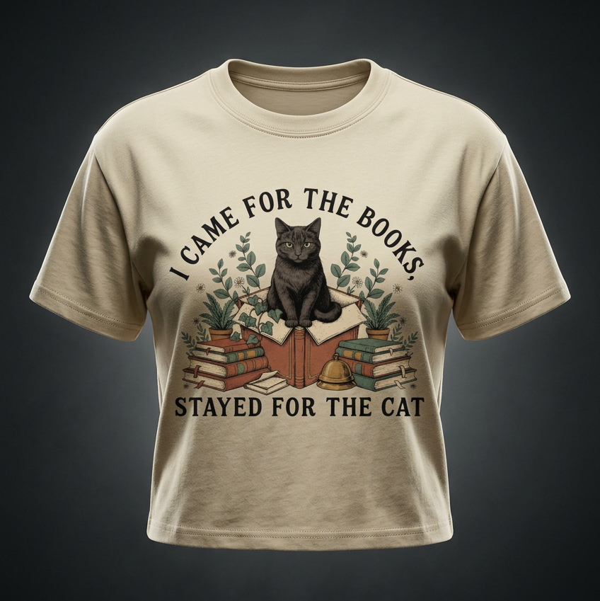 Kids’ loose-fit drop-shoulder tee with a black cat on a stack of books and plants, I Came for the Books, Stayed for the Cat front print