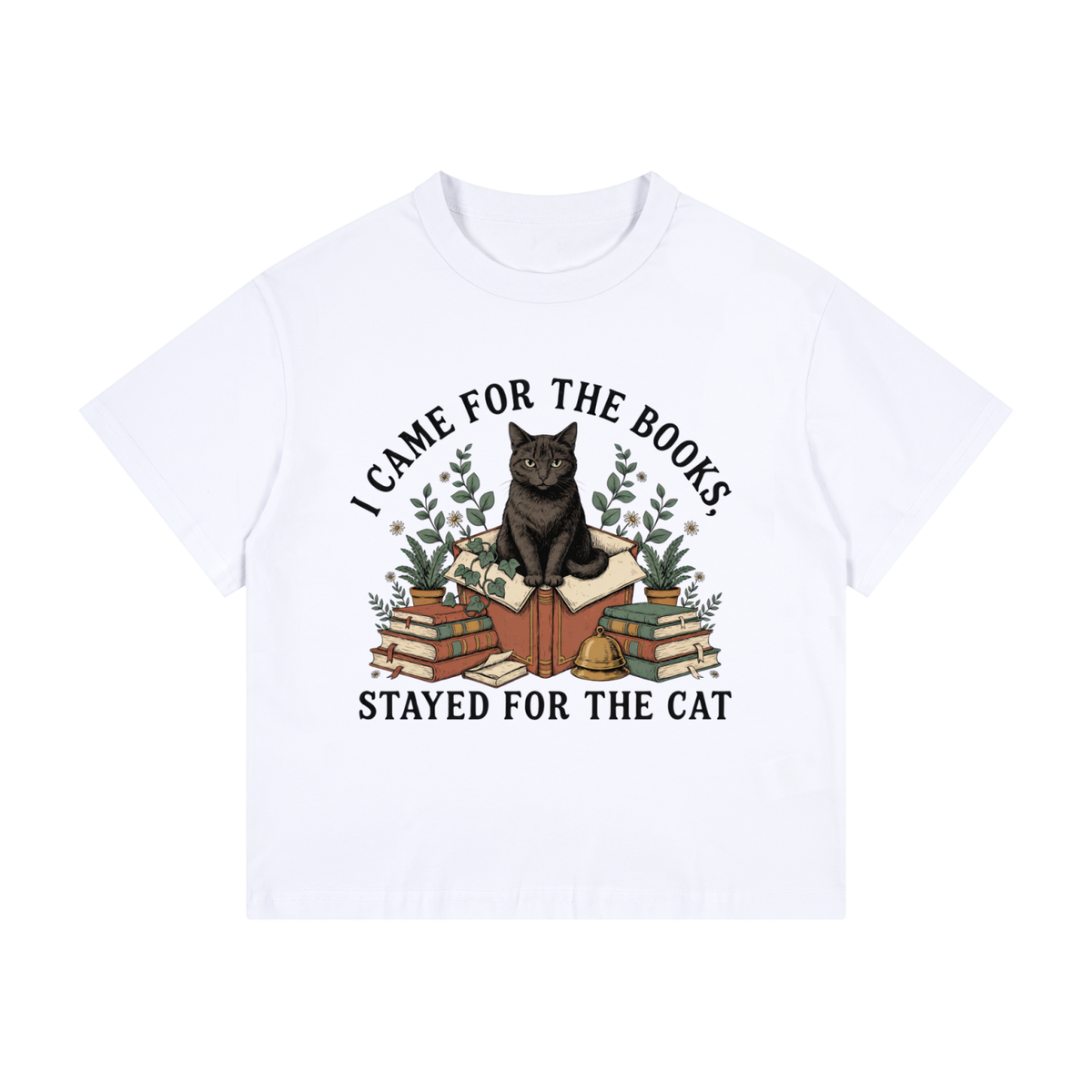 Kids’ loose-fit drop-shoulder tee with a black cat on a stack of books and plants, I Came for the Books, Stayed for the Cat front print