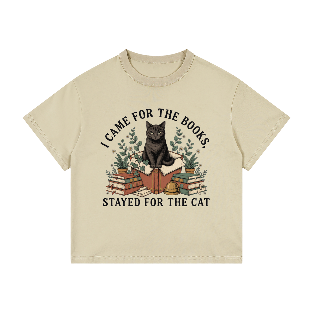 Kids’ loose-fit drop-shoulder tee with a black cat on a stack of books and plants, I Came for the Books, Stayed for the Cat front print