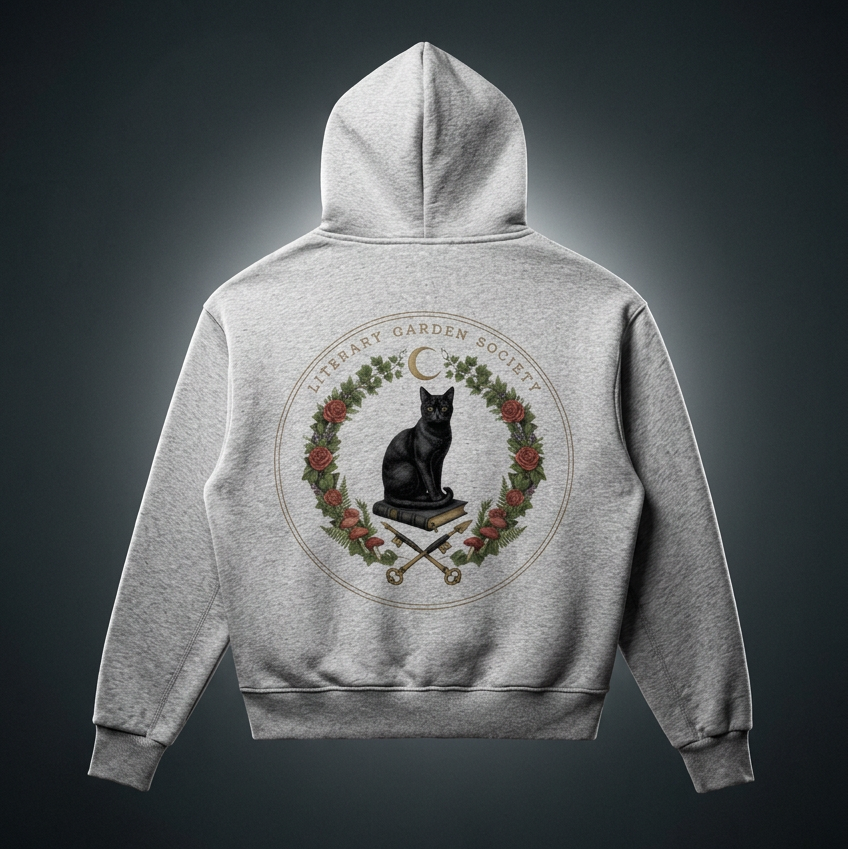 Back of a kids’ gray fleece hoodie with a Literary Garden Society seal of a black cat on a book framed by ivy, roses and mushrooms