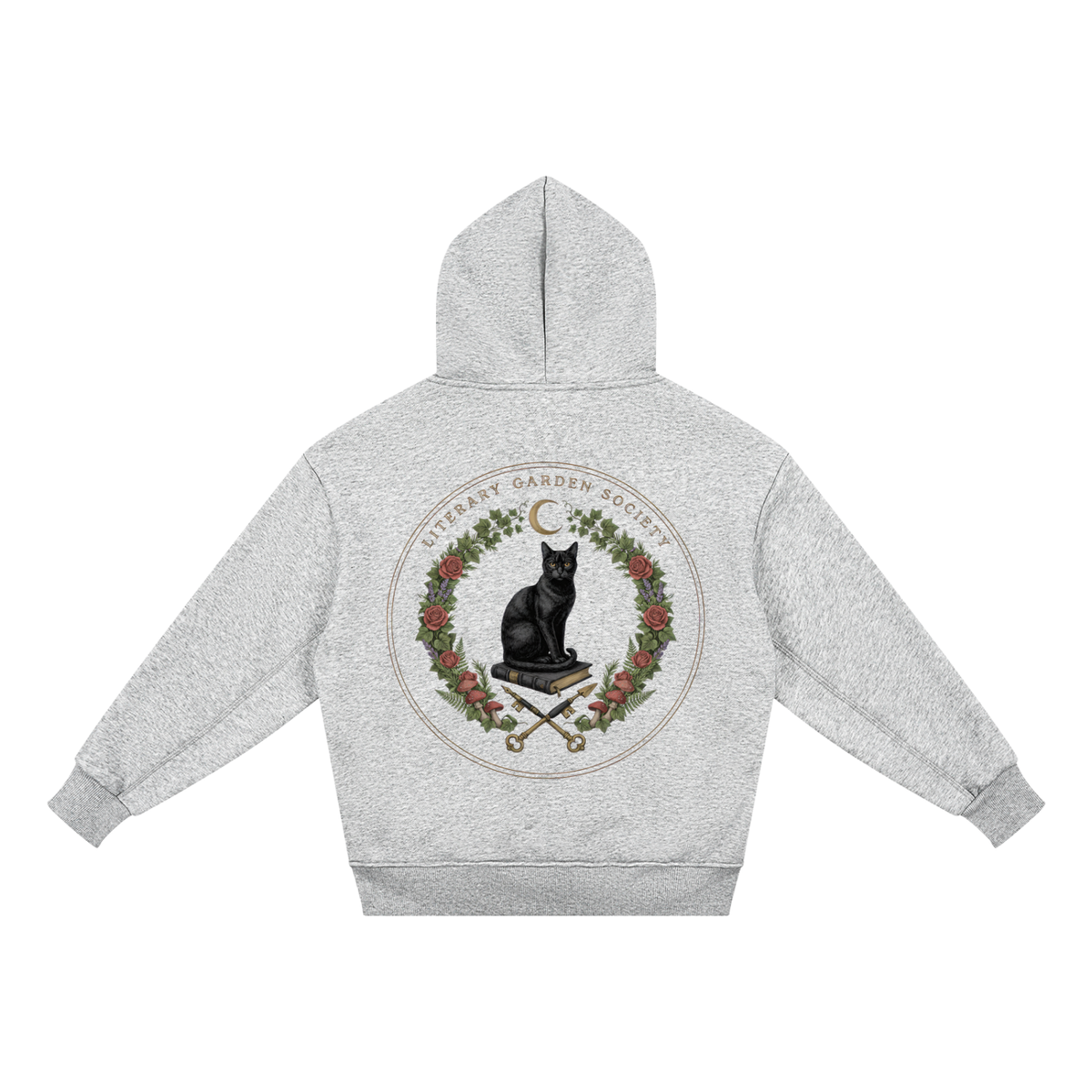 Flat view of the kids’ gray fleece hoodie back print, a black cat on a book with crossed quills and keys, Literary Garden Society