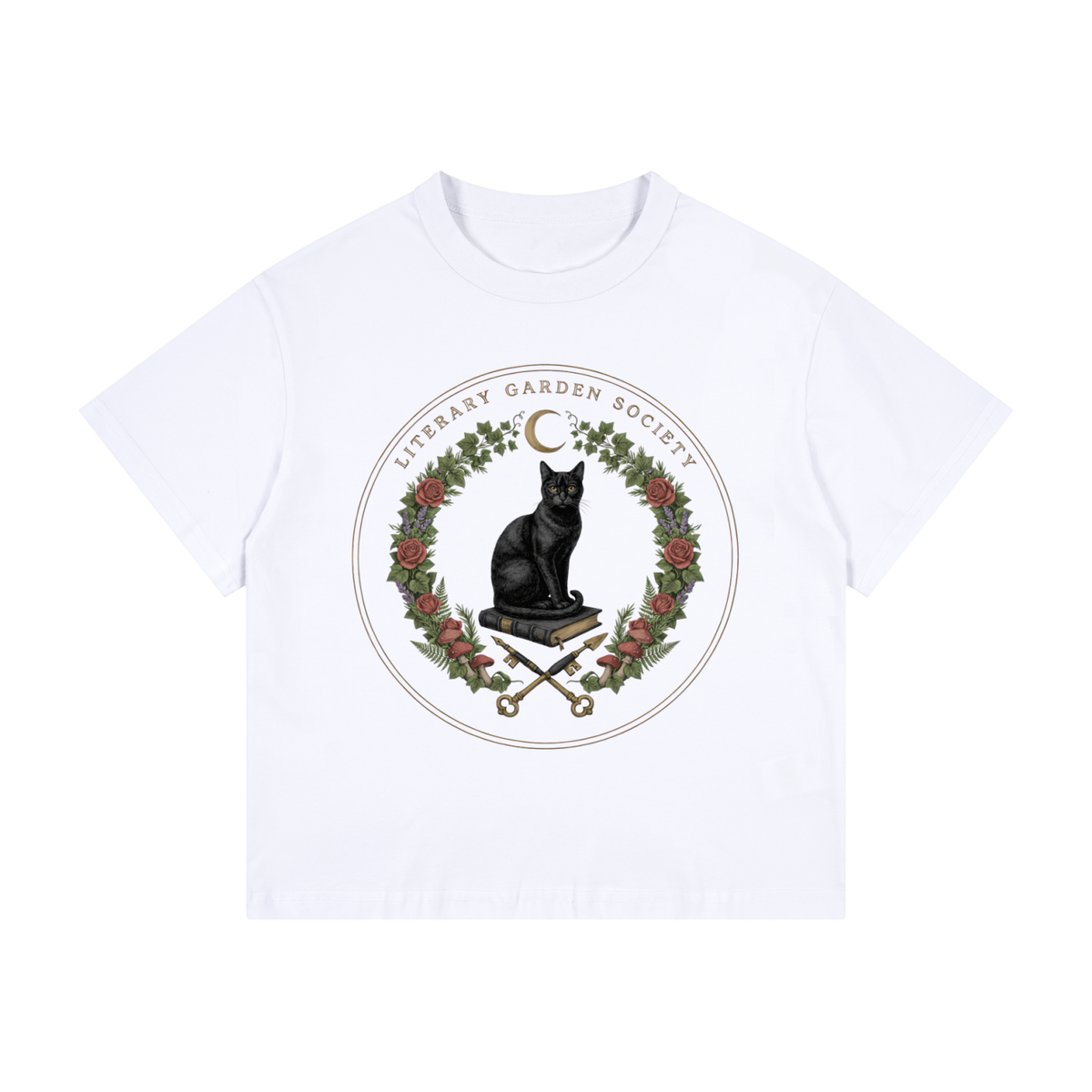 Kids’ Literary Garden Society Loose Fit T-Shirt in white with the black cat and roses crest, front print