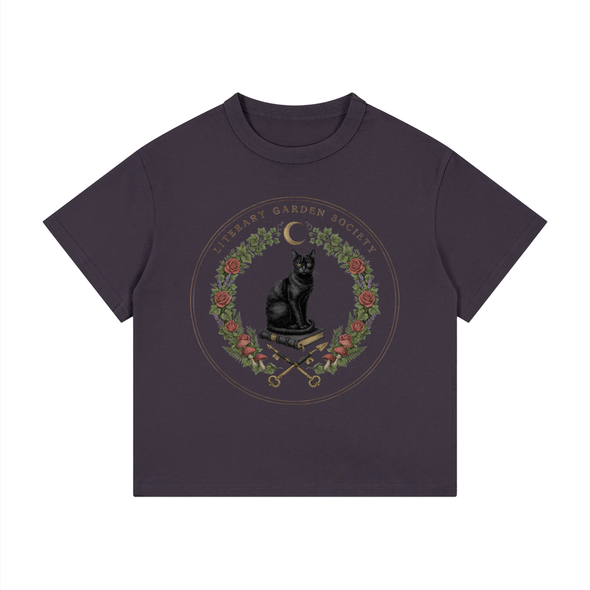 Kids’ Literary Garden Society Loose Fit T-Shirt in dark purple with the black cat and roses crest, front print