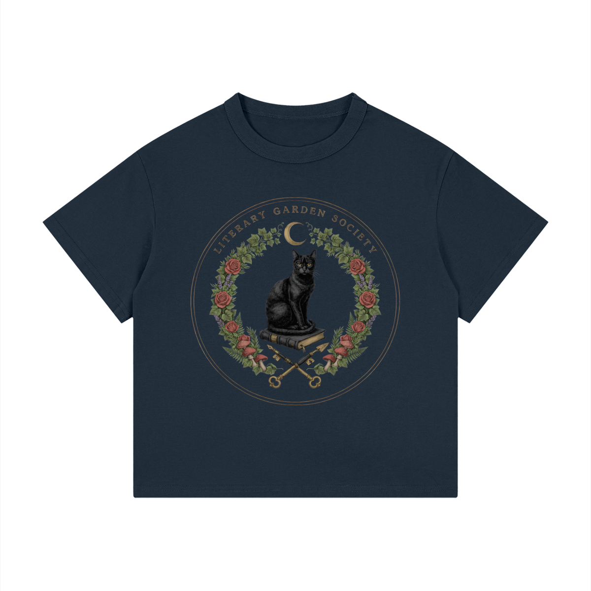 Kids’ Literary Garden Society Loose Fit T-Shirt in navy with the black cat and roses crest, front print