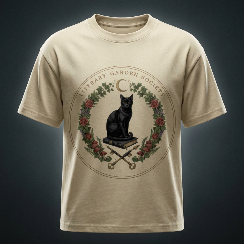 Kids’ Literary Garden Society Loose Fit T-Shirt in khaki with the black cat and roses crest on the front, on a dark studio background