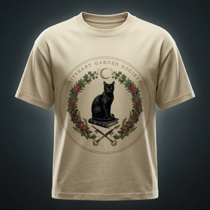 Kids’ Literary Garden Society Loose Fit T-Shirt in khaki with the black cat and roses crest on the front, on a dark studio background