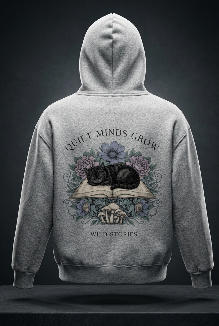 Kids’ fleece hoodie with a sleeping black cat on an open book among flowers, Quiet Minds Grow, Wild Stories back print