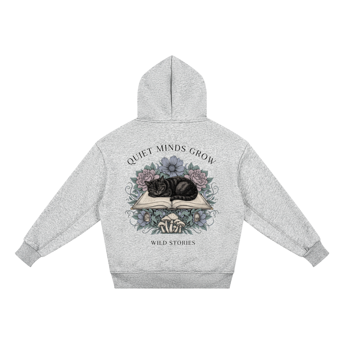 Kids’ fleece hoodie with a sleeping black cat on an open book among flowers, Quiet Minds Grow, Wild Stories back print