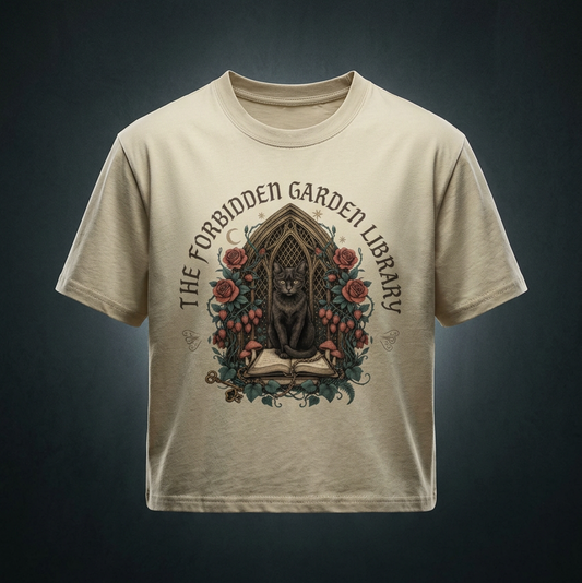 Kids’ loose-fit drop-shoulder tee with a black cat in a gothic garden library doorway, The Forbidden Garden Library front print