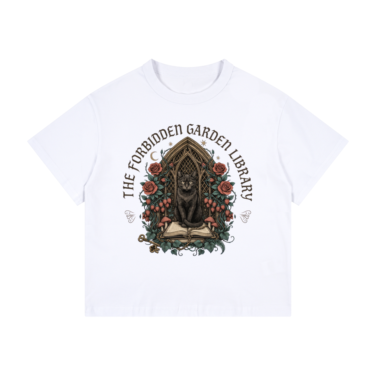 Kids’ loose-fit drop-shoulder tee with a black cat in a gothic garden library doorway, The Forbidden Garden Library front print