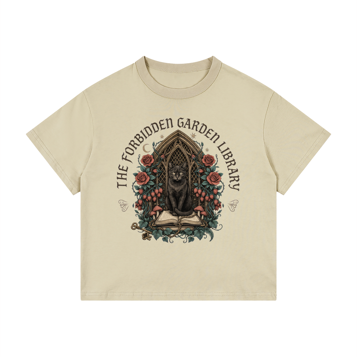 Kids’ loose-fit drop-shoulder tee with a black cat in a gothic garden library doorway, The Forbidden Garden Library front print