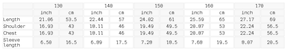 Size chart for the kids’ loose-fit drop-shoulder tee