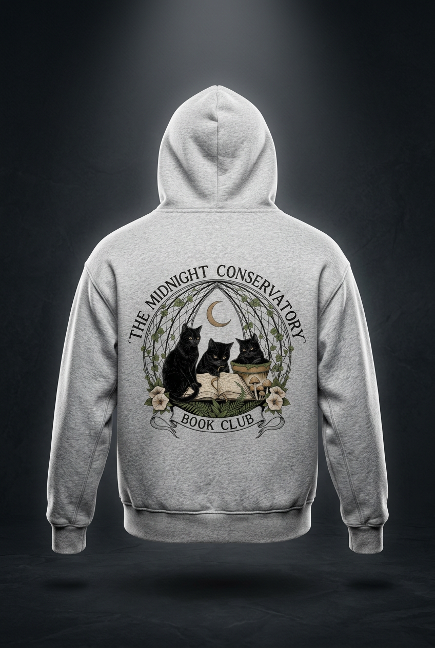 Kids’ fleece hoodie with black cats under a crescent moon at a midnight book club, The Midnight Conservatory Book Club back print