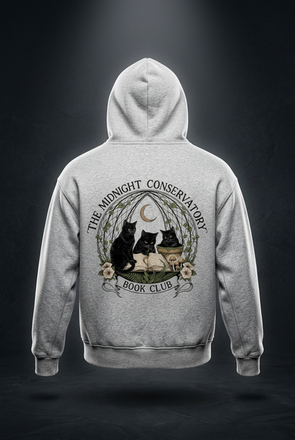 Kids’ fleece hoodie with black cats under a crescent moon at a midnight book club, The Midnight Conservatory Book Club back print