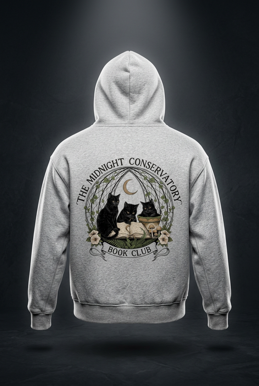 Kids’ fleece hoodie with black cats under a crescent moon at a midnight book club, The Midnight Conservatory Book Club back print