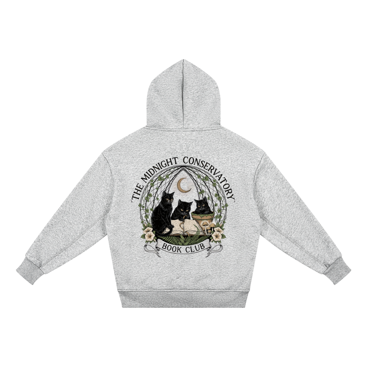 Kids’ fleece hoodie with black cats under a crescent moon at a midnight book club, The Midnight Conservatory Book Club back print