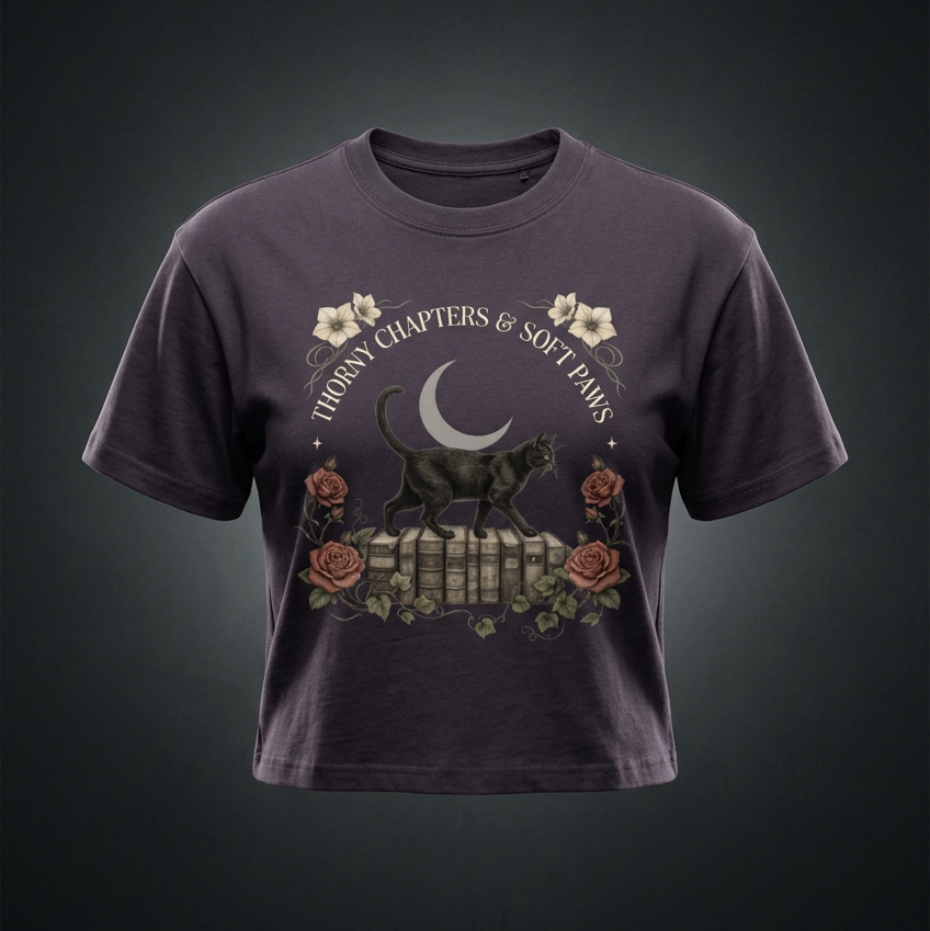 Kids’ loose-fit drop-shoulder tee with a black cat walking over old books under a crescent moon, Thorny Chapters & Soft Paws front print