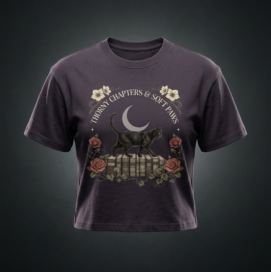 Kids’ loose-fit drop-shoulder tee with a black cat walking over old books under a crescent moon, Thorny Chapters & Soft Paws front print