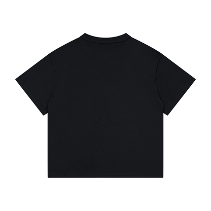 Kids’ loose-fit drop-shoulder tee with a black cat walking over old books under a crescent moon, Thorny Chapters & Soft Paws front print