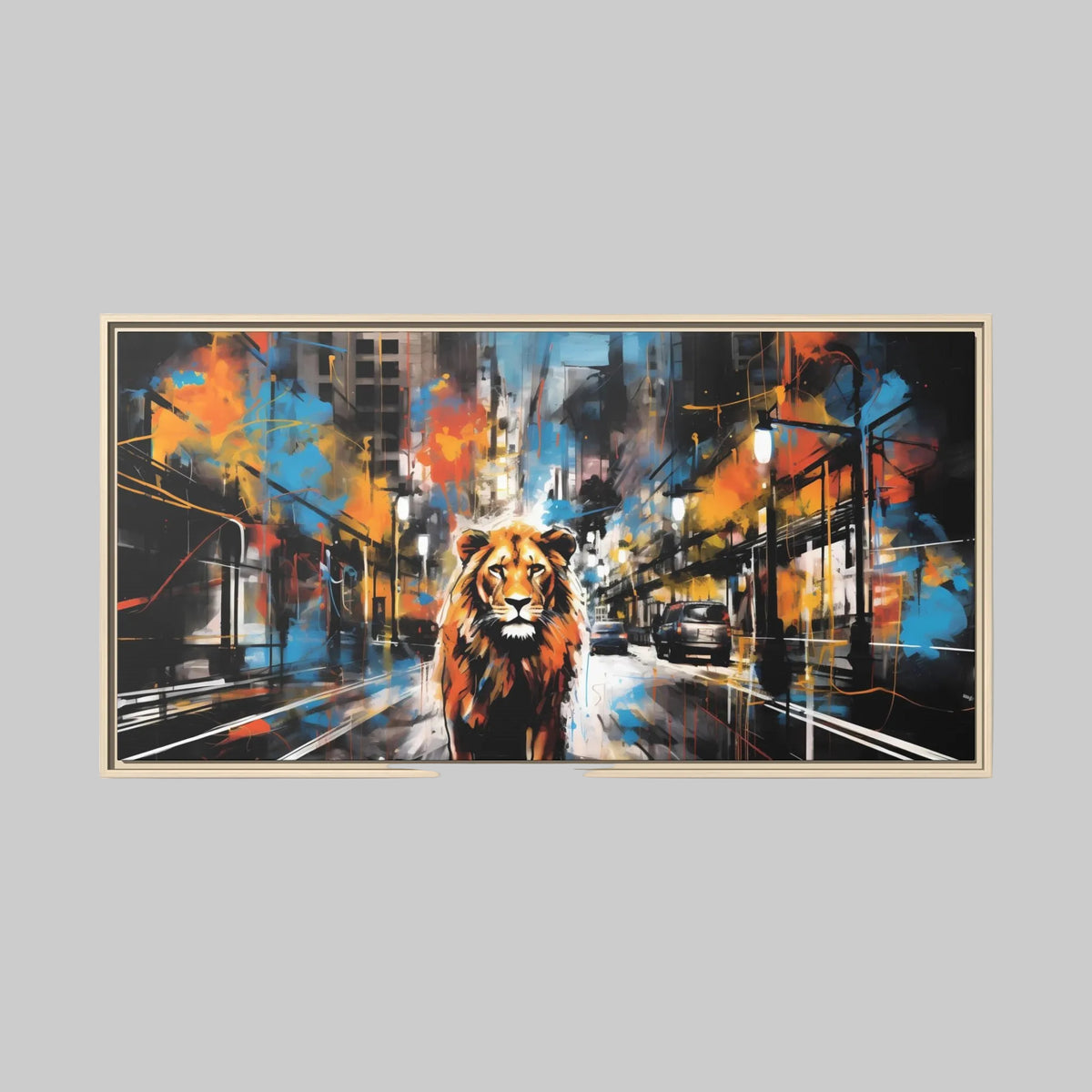 King of the Streets framed urban lion canvas wall art, full artwork view