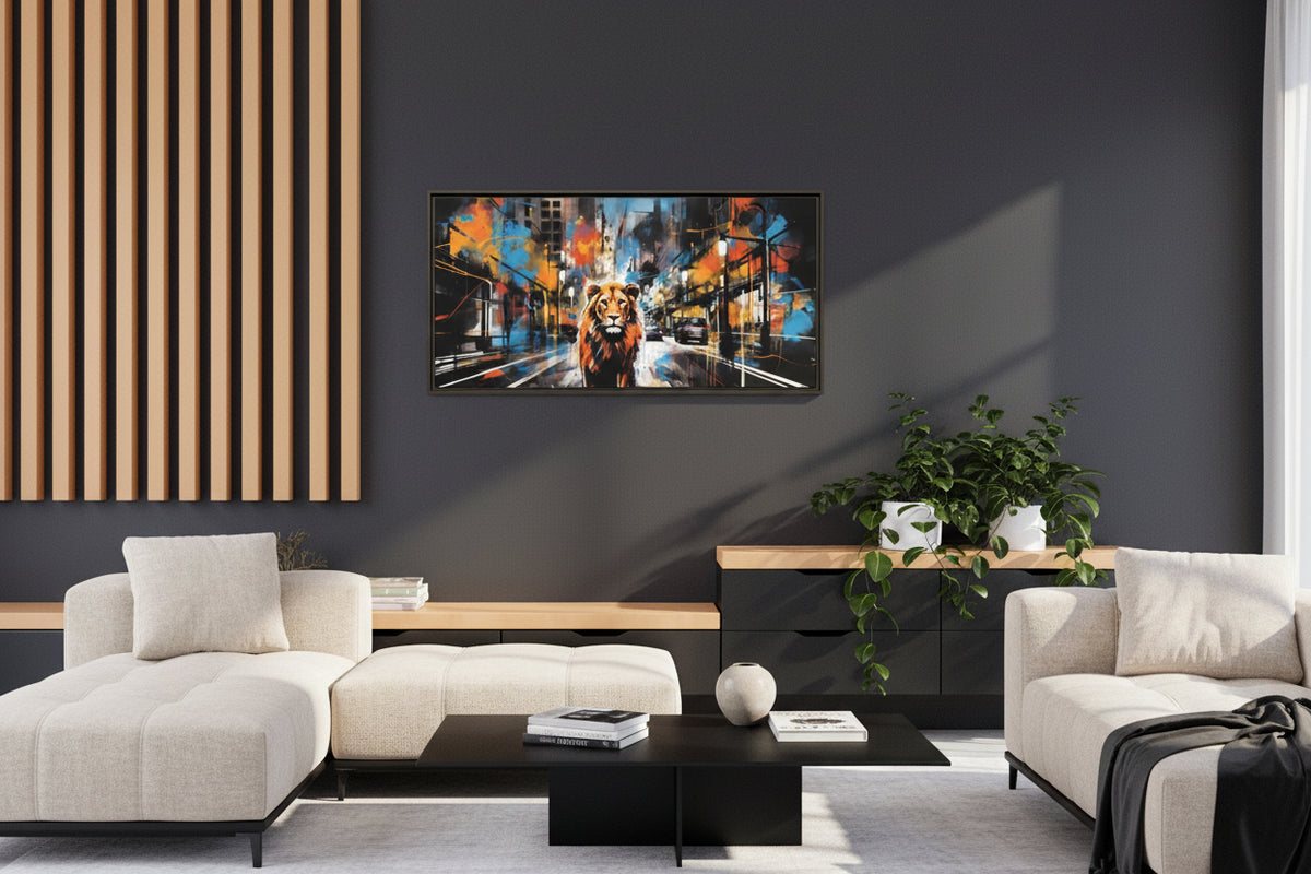 King of the Streets framed lion canvas displayed above a console in a modern room