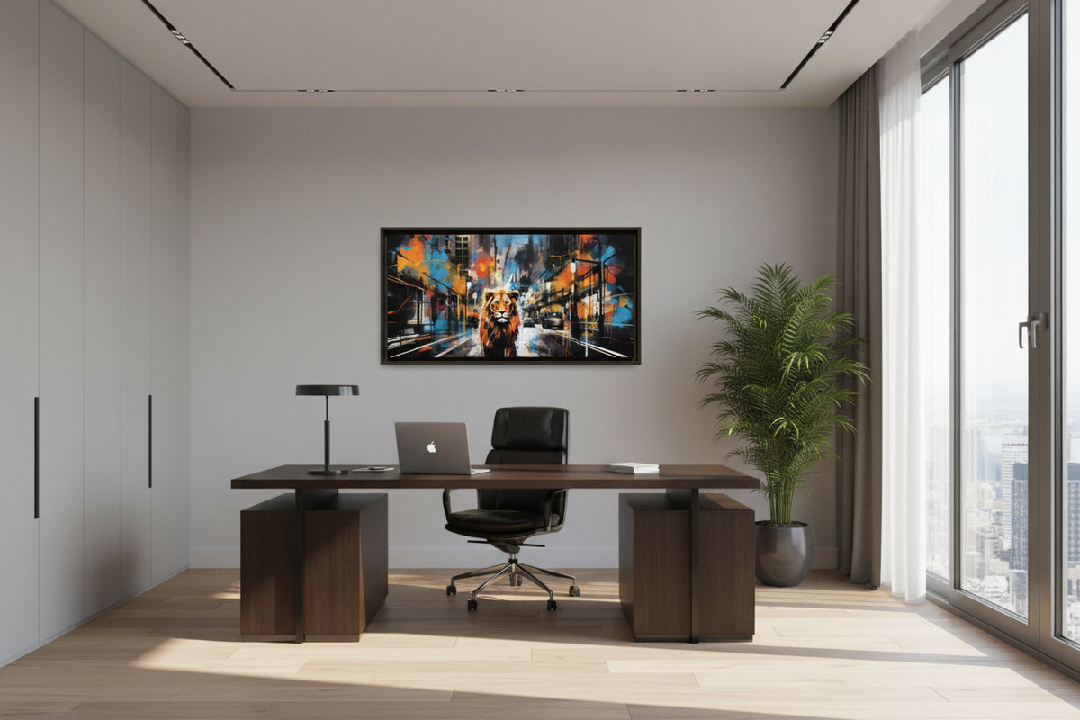Urban lion framed canvas wall art displayed above a light wood console