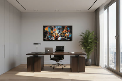 Urban lion framed canvas wall art displayed above a light wood console