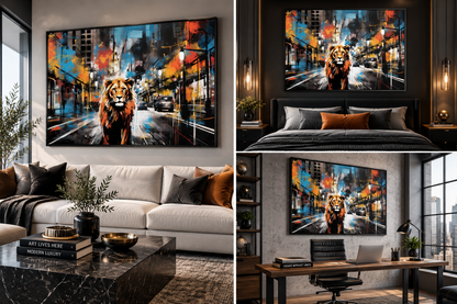 King of the Streets urban lion wall art displayed in luxury modern interiors
