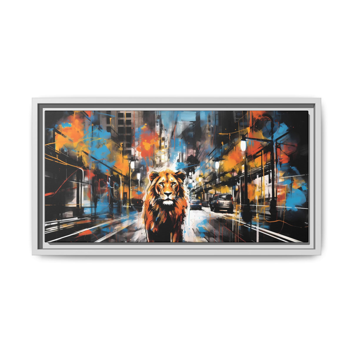 Urban wildlife lion framed canvas product view