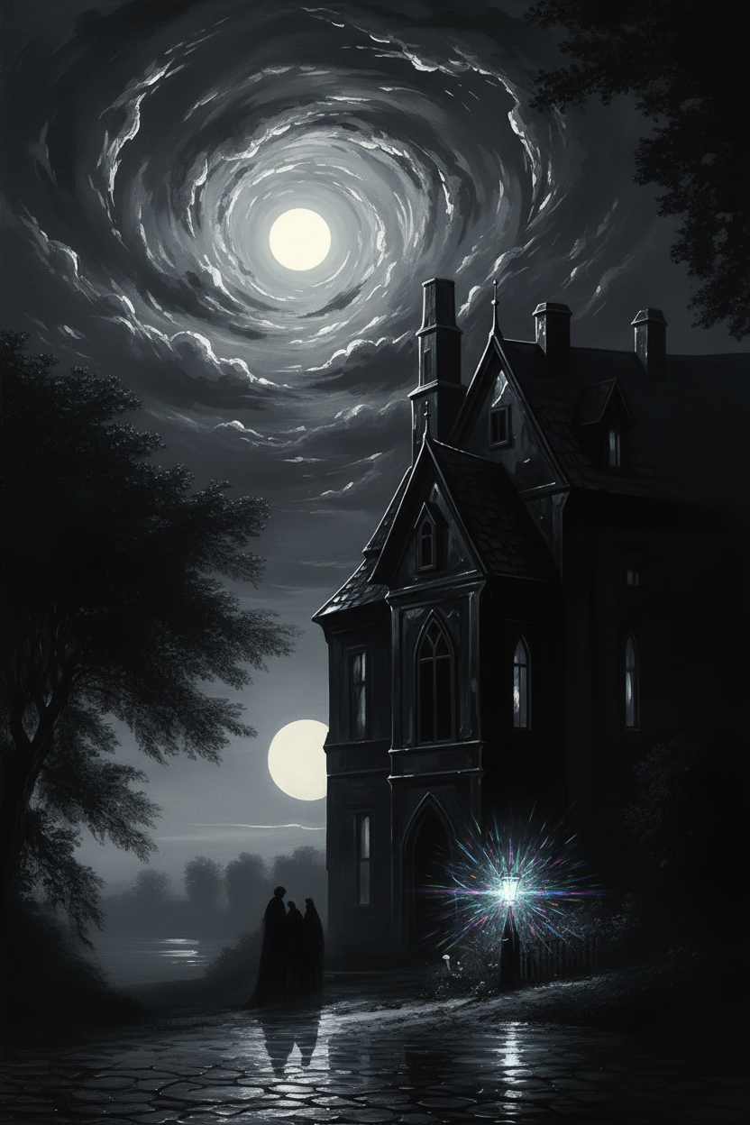 A dark, moody landscape artwork showing a silhouetted building and trees at night under a cloudy sky, with a bright moon and a small glowing streetlamp.