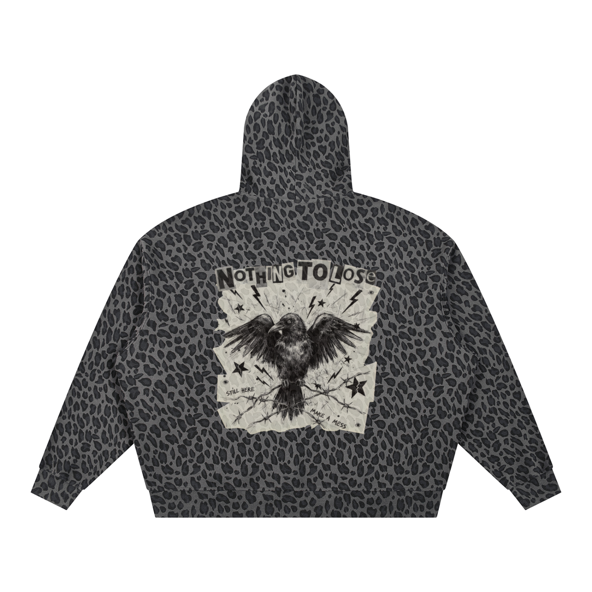 Black leopard print hoodie, back view with a crow gripping barbed wire and NOTHING TO LOSE on a torn paper scrap