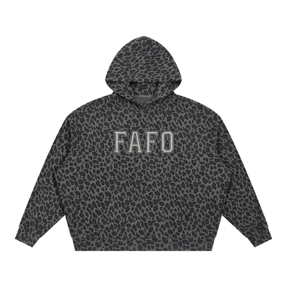 Black leopard print FAFO hoodie, front view with FAFO in college letters on the chest