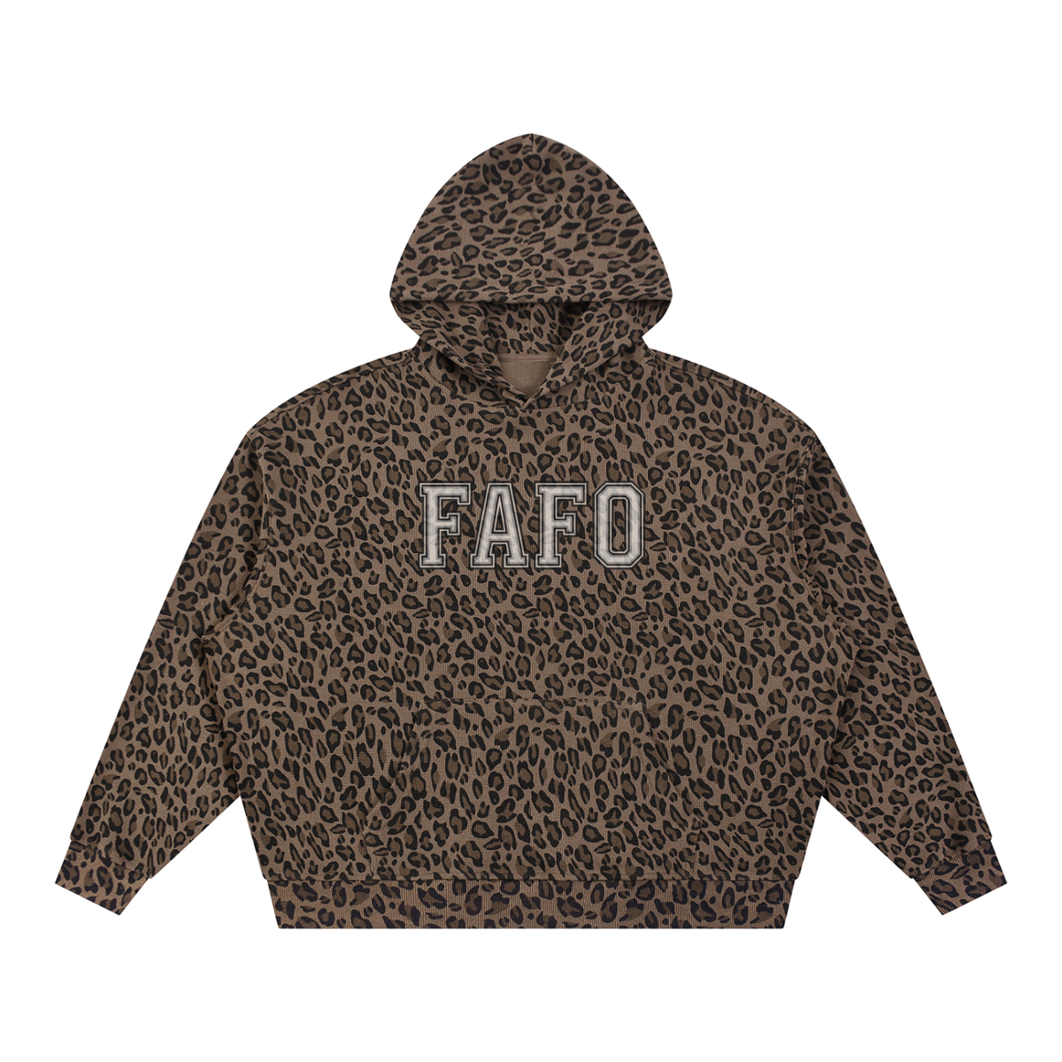 Brown leopard print FAFO hoodie, front view with FAFO in college letters on the chest