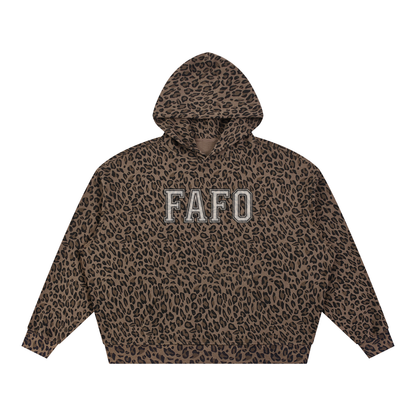 Brown leopard print FAFO hoodie, front view with FAFO in college letters on the chest