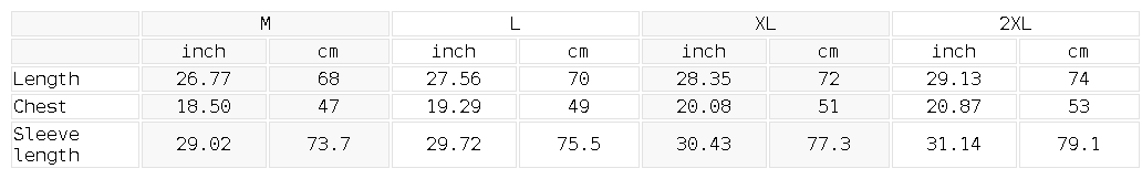 Size chart for the Men's Bodycon Quarter-Zip Long Sleeve T-Shirt