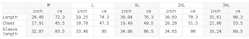 Size chart for the Men's Bodycon Raglan Quarter-Zip T-Shirt