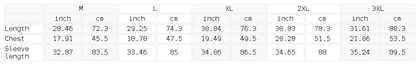 Size chart for the Men's Bodycon Raglan Quarter-Zip T-Shirt